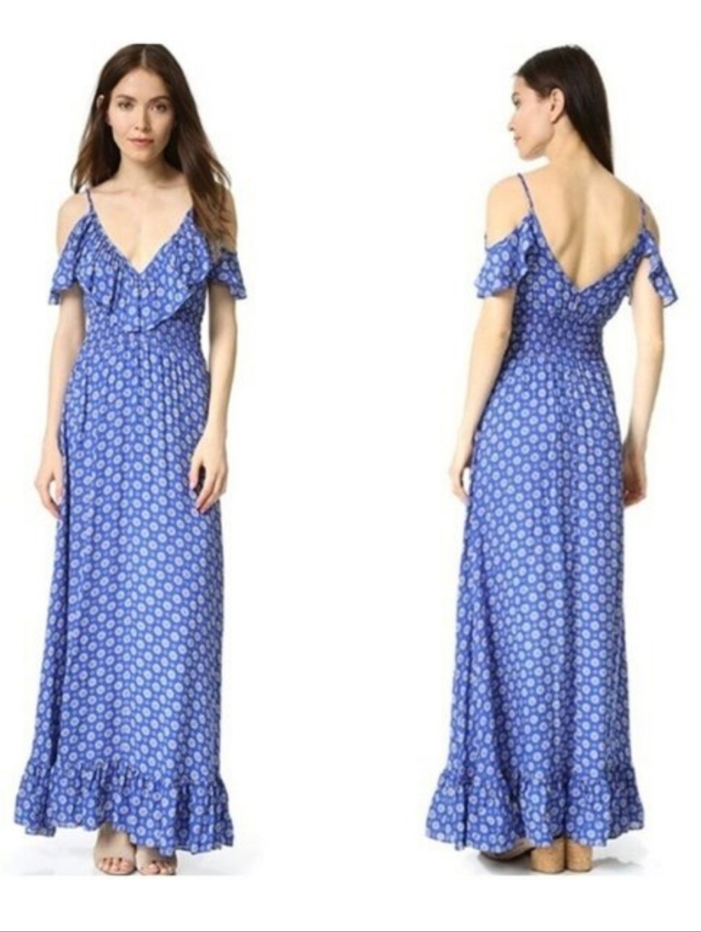 Misa los Angeles Blue Floral Cold-Shoulder Maxi Dress